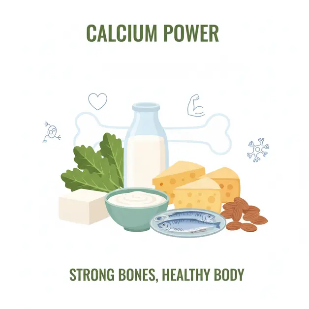Calcium-rich foods like milk, yogurt, cheese, kale, tofu, almonds, and sardines supporting strong bones and overall health