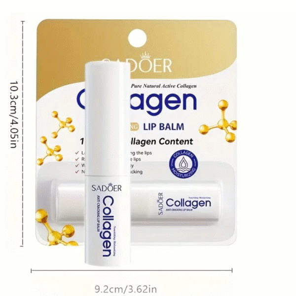 Image 1: SADOER Collagen Lip Balm in original packaging – 10.3cm x 9.2cm size. Image 2: Close-up of balm texture – moisturizing, non-oily application. Image 3: Collagen capsules illustration – highlights 10x collagen content. Image 4: Glossy lips with balm application – use for day care, priming, and lip mask. Image 5: Model with plump glossy lips – after using SADOER Collagen Lip Balm. Image 6: Close-up lips and packaging – nourishing and hydrating effect shown.