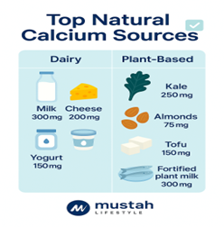 Infographic showing best natural sources of calcium, including both dairy and plant-based foods with calcium amounts.