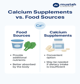 Graphic comparing natural food sources of calcium with calcium supplements, showing pros and cons for each.