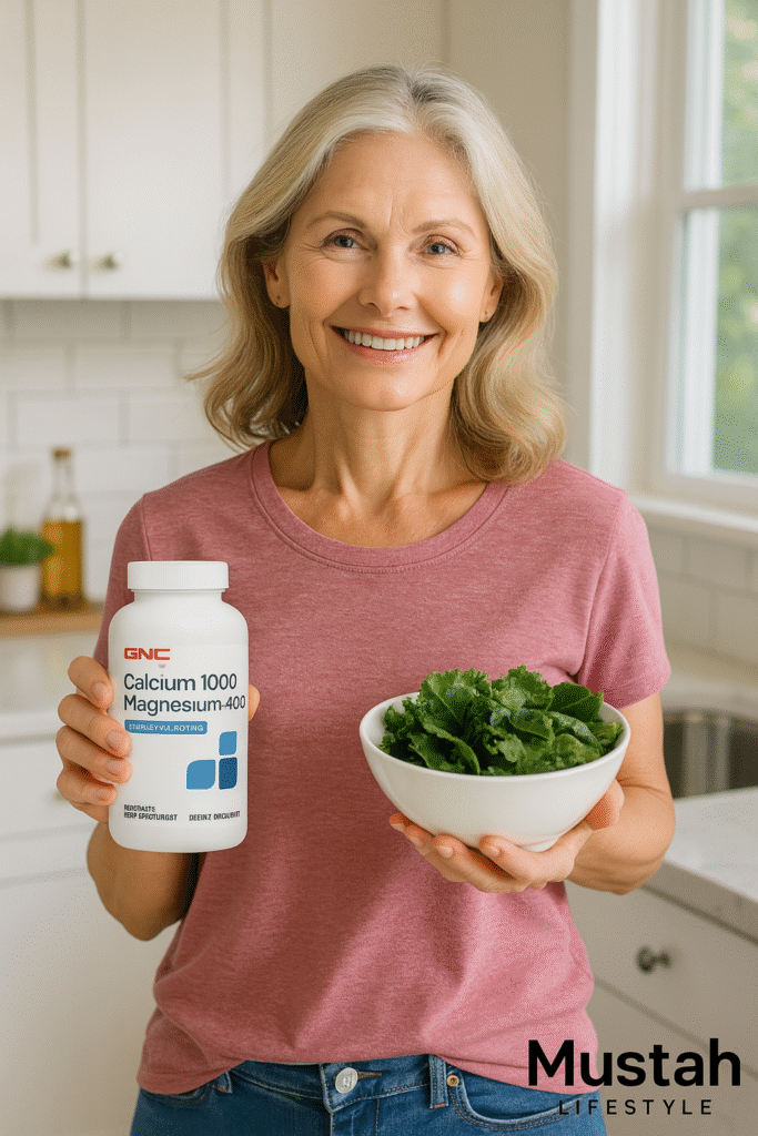 Confident menopausal woman holding calcium supplements and healthy food in kitchen