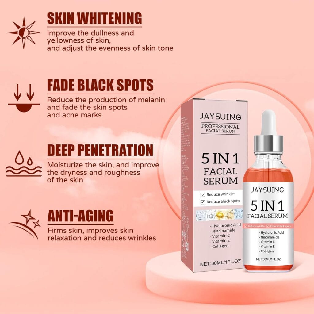Hydrating serum for dry skin with vitamin C showing key benefits like anti-aging, deep penetration, black spot fading, and whitening with Jaysuing 5-in-1 Facial Serum.