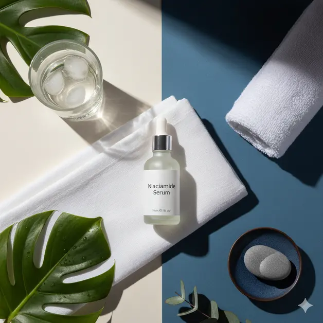 Flat lay of a niacinamide serum dropper bottle with glass of water, green leaves, and towel on a split background showing morning sunlight and night blue tones.