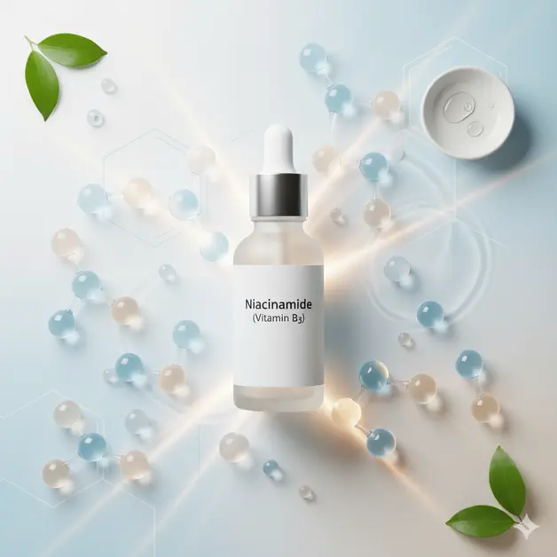 Niacinamide serum bottle with glowing molecules and water ripple effects symbolizing bright, hydrated, healthy skin