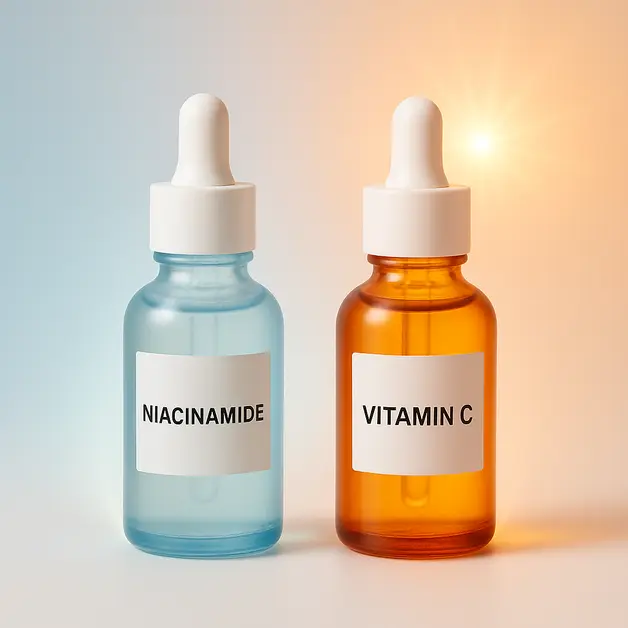 Two premium skincare serum bottles labeled “Niacinamide” (blue) and “Vitamin C” (orange) placed side by side on a glowing gradient background of blue and orange, symbolizing calmness and radiance.