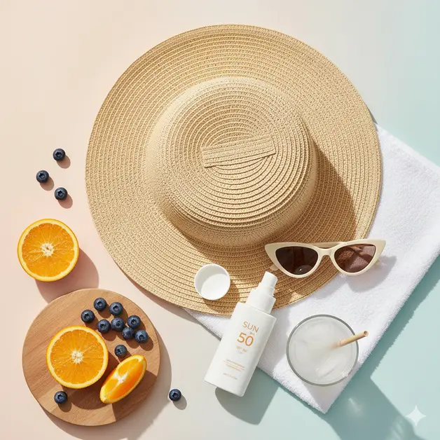 Summer skincare flat lay with sunscreen, sunglasses, citrus fruits, blueberries, coconut, towel, and coconut water on pastel peach and turquoise background.