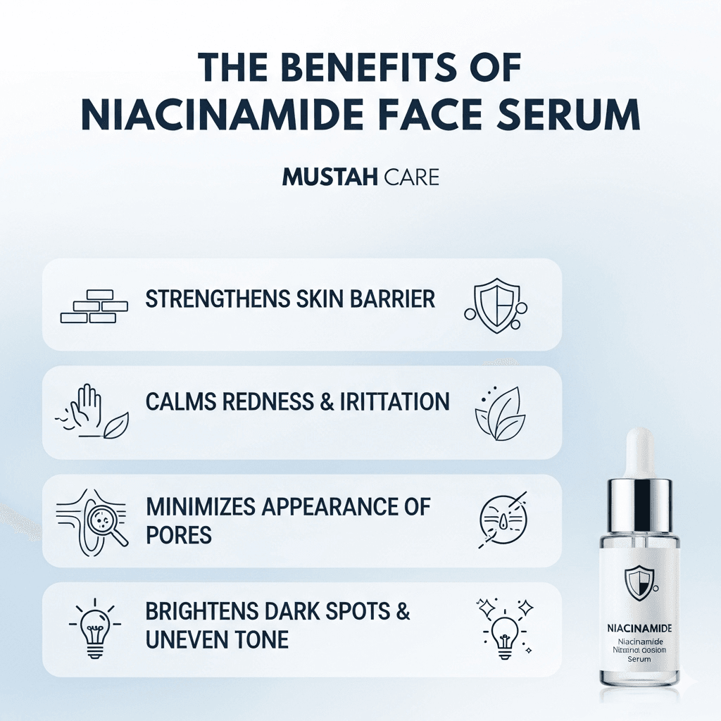 Infographic by Mustah Care detailing the benefits of niacinamide serum for skin. Highlights include strengthening the skin barrier, calming redness, minimizing pores, and brightening dark spots.