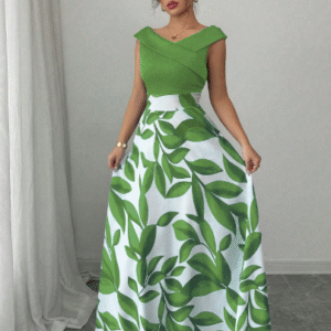 Elenzga Women's Blue Splicing Print Sophisticated V-Neck Cinched Waist Flared Hem Casual Holiday Dress