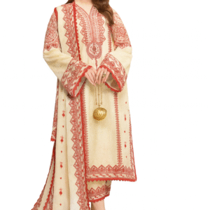 Aneela’s Collection – Cream & Red Embroidered Dhanak Winter Suit