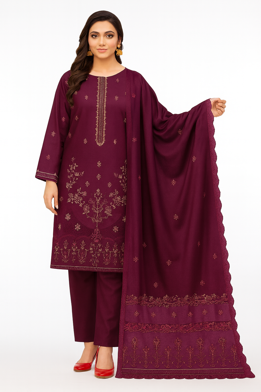 Bareeze Winter Collection – Plum Embroidered Luxury Suit