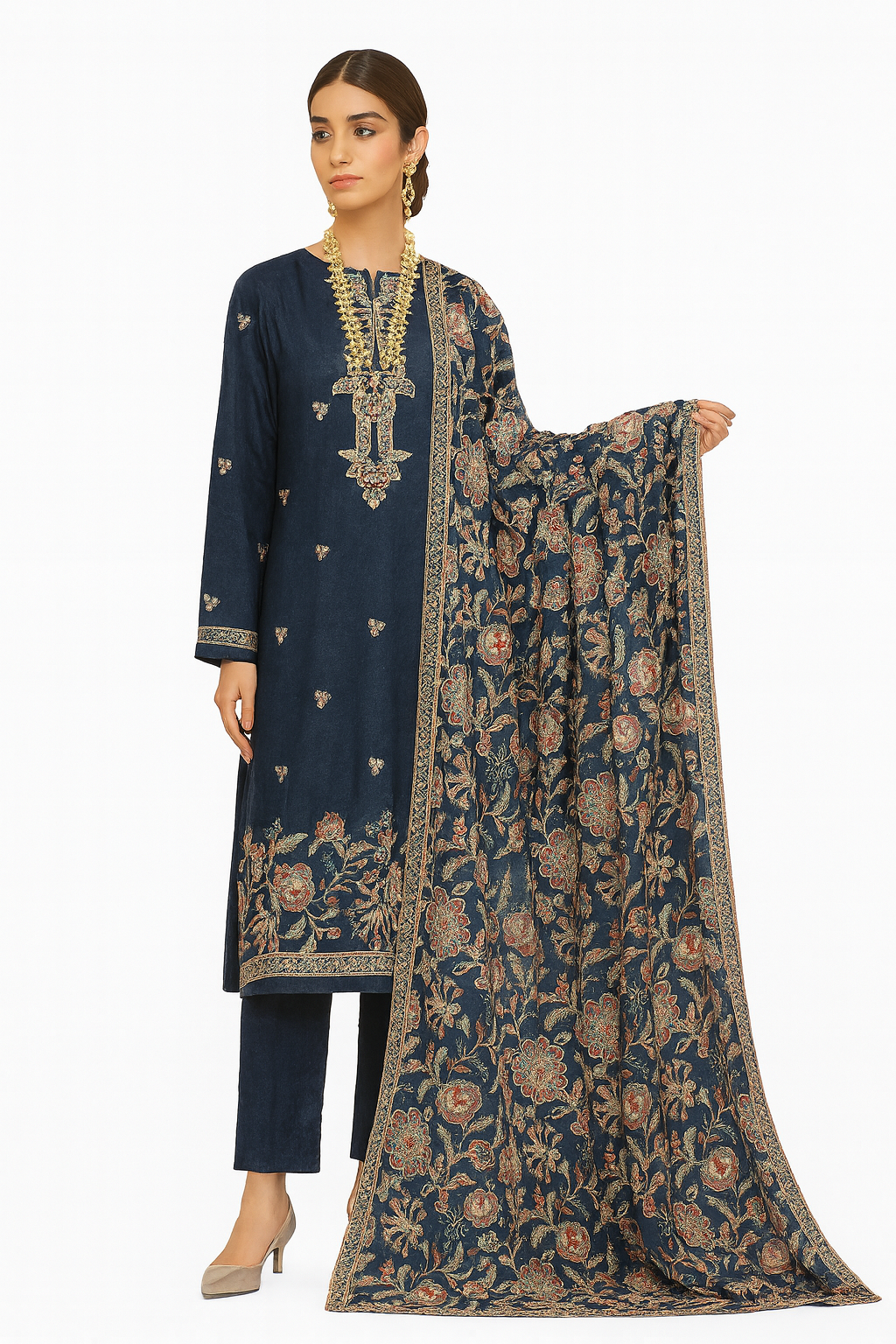 Bareeze Winter Collection – Navy Blue Embroidered Luxury Suit