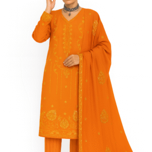 Bareeze Winter Collection – Amber Gold Embroidered Dhank Suit