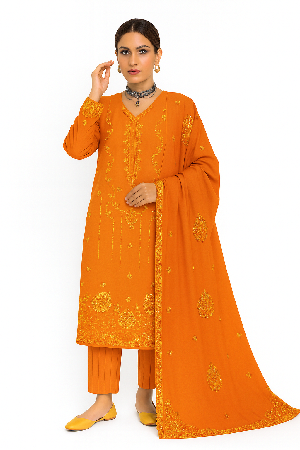 Bareeze Winter Collection – Amber Gold Embroidered Dhank Suit