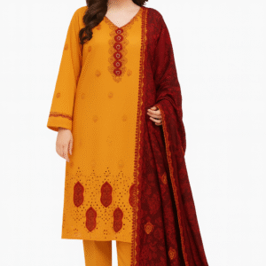 Baroque Winter Collection – Mustard & Maroon Embroidered Velvet Shawl Suit