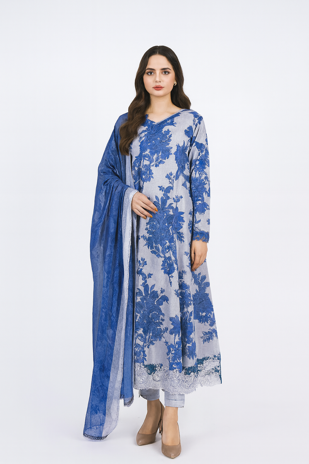 IZNIK Dhanak Collection – Blue Embroidered & Digital Printed Winter Suit