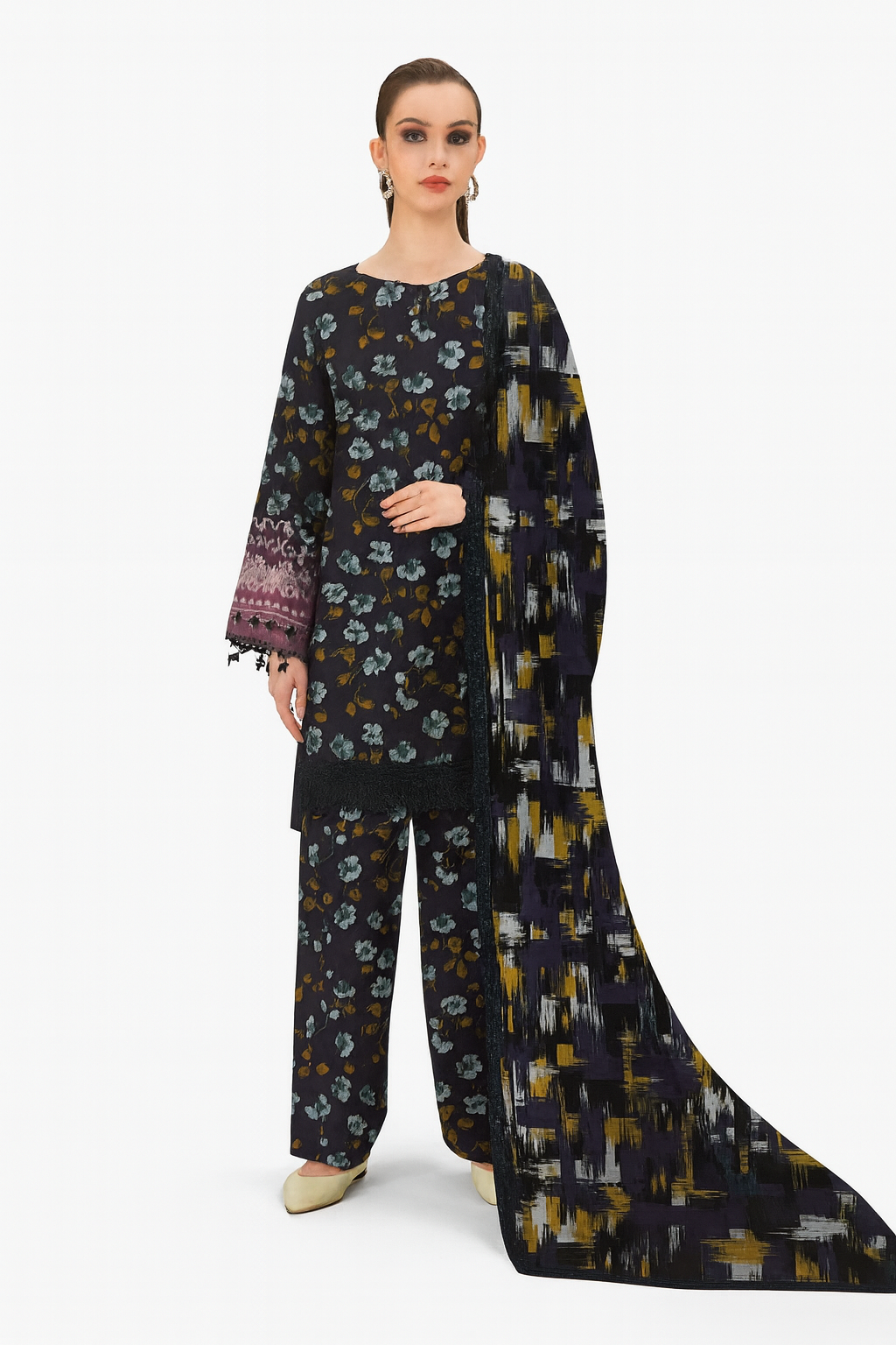 Nureh Dhanak Collection – Black Floral Digital Embroidered Suit