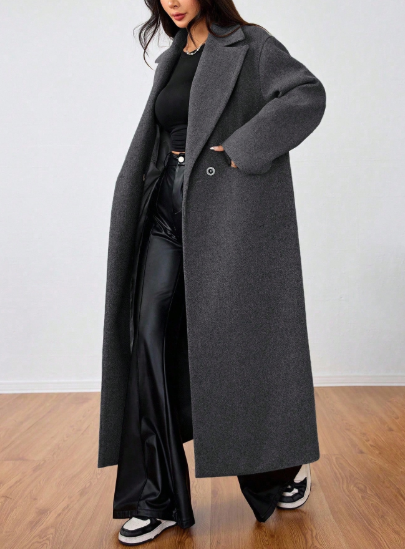 SHEIN MOOSTA Casual Lapel Long Wool Blend Coat