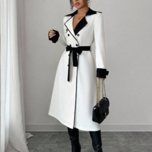 Elenzga Women’s Double-Breasted Contrast Collar Trench Coat (Cream/Beige)