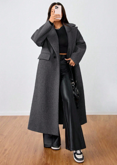 SHEIN MOOSTA Casual Lapel Long Wool Blend Coat - Image 3